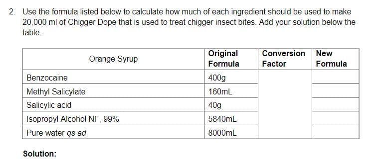2. Use the formula listed below to calculate how much of each ingredient should be used to make
20,000 ml of Chigger Dope that is used to treat chigger insect bites. Add your solution below the
table.
Original
Conversion New
Orange Syrup
Formula
Factor
Formula
Benzocaine
400g
Methyl Salicylate
160mL
Salicylic acid
40g
Isopropyl Alcohol NF, 99%
5840mL
Pure water qs ad
8000mL
Solution:
