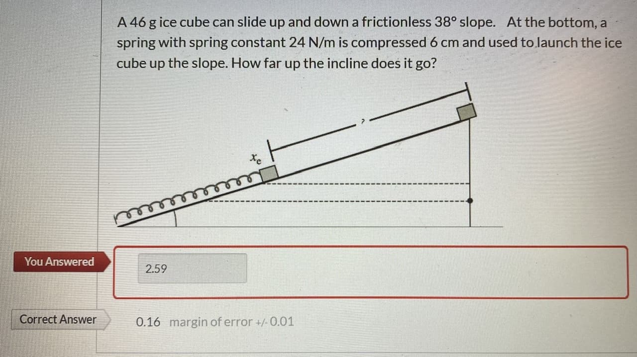 A 46 g ice cube can slide up and down a frictionless 38° slope. At the bottom, a
spring with spring constant 24 N/m is compressed 6 cm and used to launch the ice
cube
up
the slope. How far up the incline does it go?
You Answered
2.59
Correct Answer
0.16 margin of error +/-0.01
