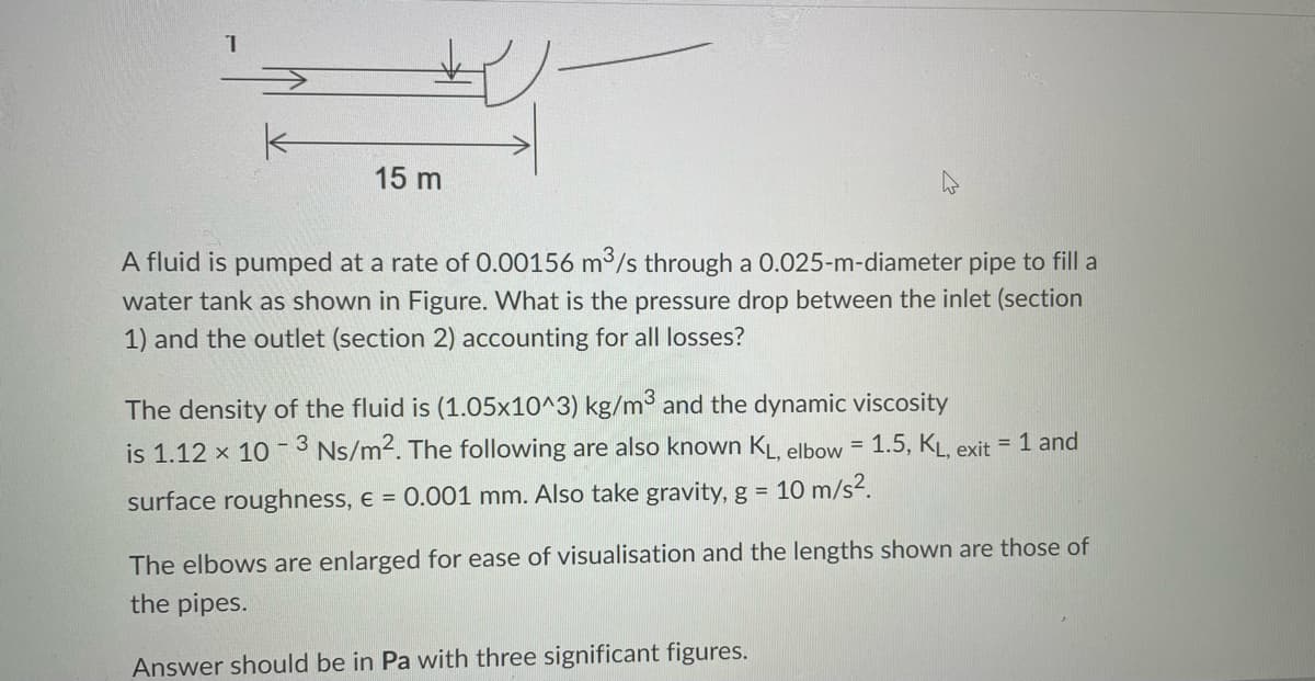 1
15 m
A fluid is pumped at a rate of 0.00156 m³/s through a 0.025-m-diameter pipe to fill a
water tank as shown in Figure. What is the pressure drop between the inlet (section
1) and the outlet (section 2) accounting for all losses?
The density of the fluid is (1.05x10^3) kg/m³ and the dynamic viscosity
is 1.12 x 10-3 Ns/m2. The following are also known KL, elbow = 1.5, KL, exit
= 1 and
surface roughness, € = 0.001 mm. Also take gravity, g =
10 m/s².
The elbows are enlarged for ease of visualisation and the lengths shown are those of
the pipes.
Answer should be in Pa with three significant figures.