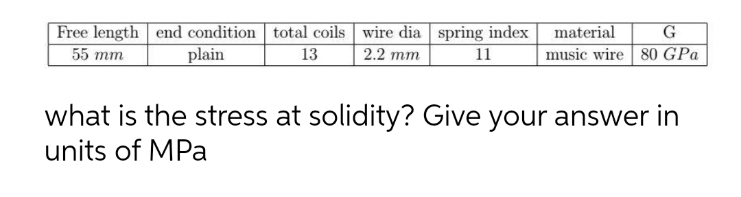 Free length end condition
plain
total coils
wire dia spring index
material
G
55 тm
13
2.2 тm
11
music wire 80 GPa
what is the stress at solidity? Give your answer in
units of MPa
