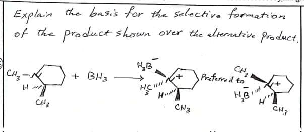 Explain
the basis for the selective formation.
of the product shown over the alternative product.
H₂B
CH₂
CH2
-N
+ BH3
Preferred to
*
H
HC
HB
CH 3
+
CH3
CH3