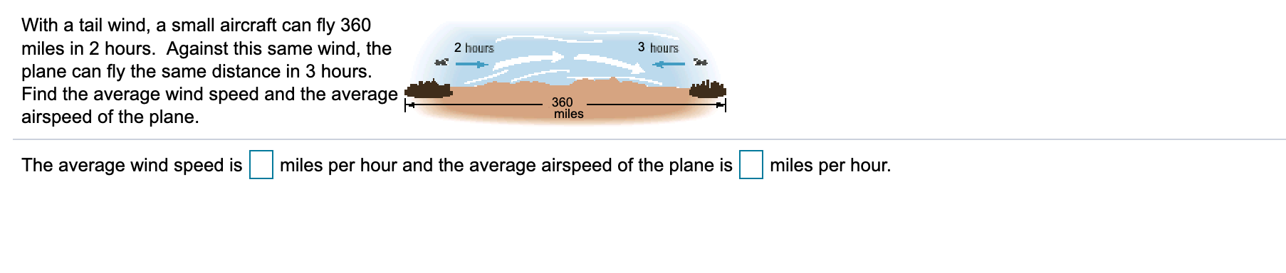 With a tail wind, a small aircraft can fly 360
miles in 2 hours. Against this same wind, the
plane can fly the same distance in 3 hours.
Find the average wind speed and the average
airspeed of the plane.
2 hours
3 hours
360
miles
The average wind speed is
miles per hour and the average airspeed of the plane is
miles per hour.
