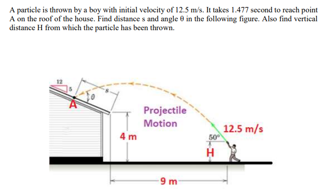 A particle is thrown by a boy with initial velocity of 12.5 m/s. It takes 1.477 second to reach point
A on the roof of the house. Find distance s and angle 0 in the following figure. Also find vertical
distance H from which the particle has been thrown.
Projectile
Motion
12.5 m/s
50°
4 m
9 m
