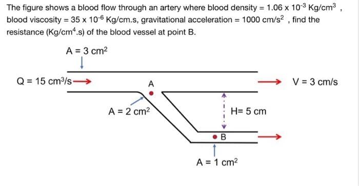 The figure shows a blood flow through an artery where blood density = 1.06 x 103 Kg/cm3 ,
blood viscosity = 35 x 10-6 Kg/cm.s, gravitational acceleration = 1000 cm/s? , find the
resistance (Kg/cm“.s) of the blood vessel at point B.
A = 3 cm2
Q = 15 cm/s→
V = 3 cm/s
A
A = 2 cm2
H= 5 cm
• B
A = 1 cm?
