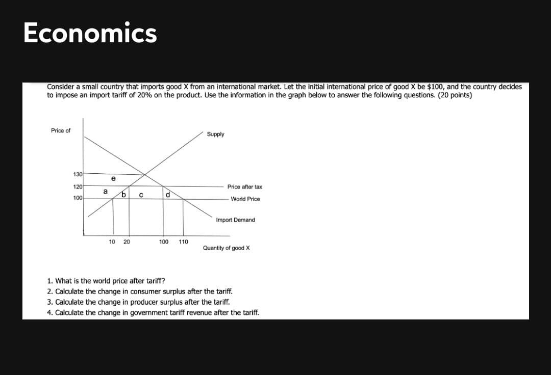 Economics
Consider a small country that imports good X from an international market. Let the initial international price of good X be $100, and the country decides
to impose an import tariff of 20% on the product. Use the information in the graph below to answer the following questions. (20 points)
Price of
Supply
130
e
120
Price after tax
a
100
World Price
Import Demand
10
20
100
110
Quantity of good X
1. What is the world price after tariff?
2. Calculate the change in consumer surplus after the tariff.
3. Calculate the change in producer surplus after the tariff.
4. Calculate the change in government tariff revenue after the tariff.
