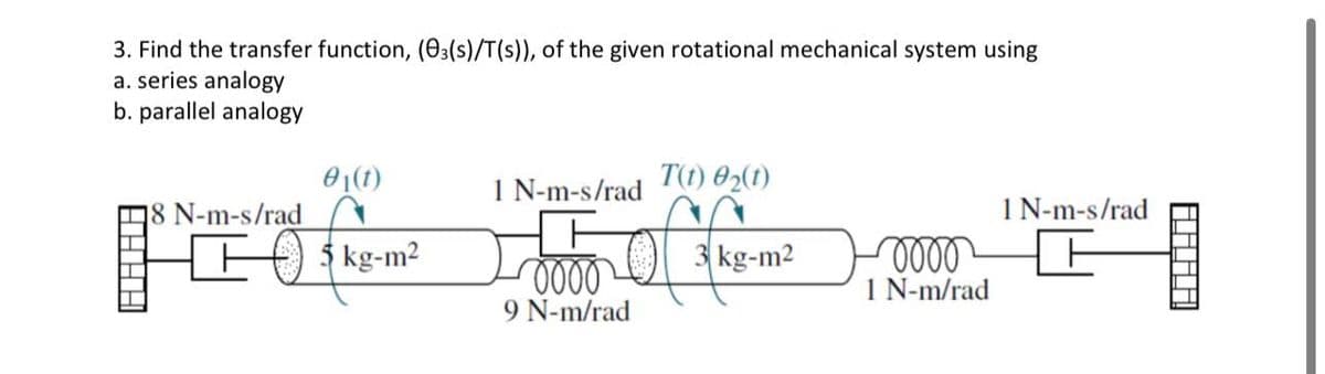 3. Find the transfer function, (03(s)/T(s)), of the given rotational mechanical system using
a. series analogy
b. parallel analogy
18 N-m-s/rad
01(t)
40
kg-m²
1 N-m-s/rad
oooo
9 N-m/rad
T(t) 02(t)
3 kg-m2
0000
1 N-m/rad
1 N-m-s/rad
AXXA