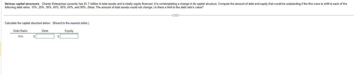Various capital structures Charter Enterprises currently has $1.7 million in total assets and is totally equity financed. It is contemplating a change in its capital structure. Compute the amount of debt and equity that would be outstanding if the firm were to shift to each of the
following debt ratios: 10%, 20%, 30%, 40%, 50%, 60%, and 90%. (Note: The amount of total assets would not change.) Is there a limit to the debt ratio's value?
Calculate the capital structure below: (Round to the nearest dollar.)
Equity
Debt Ratio
10%
$
Debt
$
C
