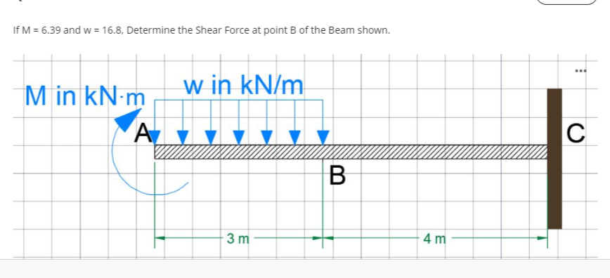 If M = 6.39 and w = 16.8, Determine the Shear Force at point B of the Beam shown.
w in kN/m
Min kN.m
A
3 m
B
4 m
⠀
C
