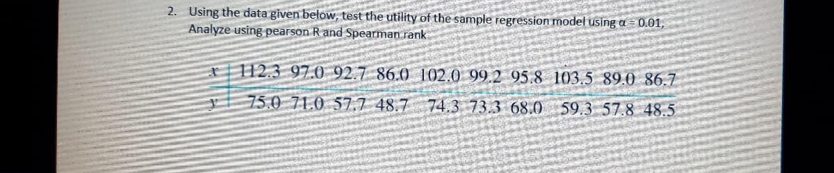 2. Using the data given below, test the utility of the sample regression model using a = 0.01,
Analyze using pearson R and Spearman rank
x112.3 97.0 92.7 86.0 102.0 99.2 95.8 103.5 89.0 86.7
75.0 71.0 57.7 48.7 74.3 73.3 68.0 59.3 57.8 48.5
Ľ