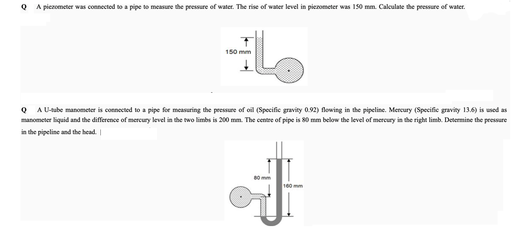 A piezometer was connected to a pipe to measure the pressure of water. The rise of water level in piezometer was 150 mm. Calculate the pressure of water.
150 mm
Q
A U-tube manometer is connected to a pipe for measuring the pressure of oil (Specific gravity 0.92) flowing in the pipeline. Mercury (Specific gravity 13.6) is used as
manometer liquid and the difference of mercury level in the two limbs is 200 mm. The centre of pipe is 80 mm below the level of mercury in the right limb. Determine the pressure
in the pipeline and the head. |
80 mm
160 mm
