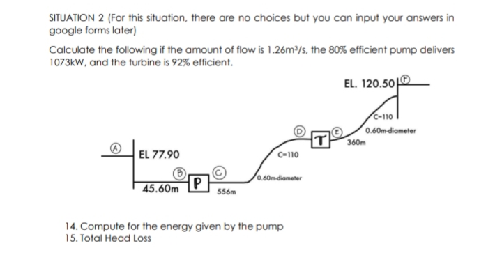 SITUATION 2 (For this situation, there are no choices but you can input your answers in
google forms later)
Calculate the following if the amount of flow is 1.26m³/s, the 80% efficient pump delivers
1073kW, and the turbine is 92% efficient.
EL. 120.50
C-110
0.60m-diameter
360m
EL 77.90
C-110
0.60mdiameter
45.60m
P
556m
14. Compute for the energy given by the pump
15. Total Head Loss
