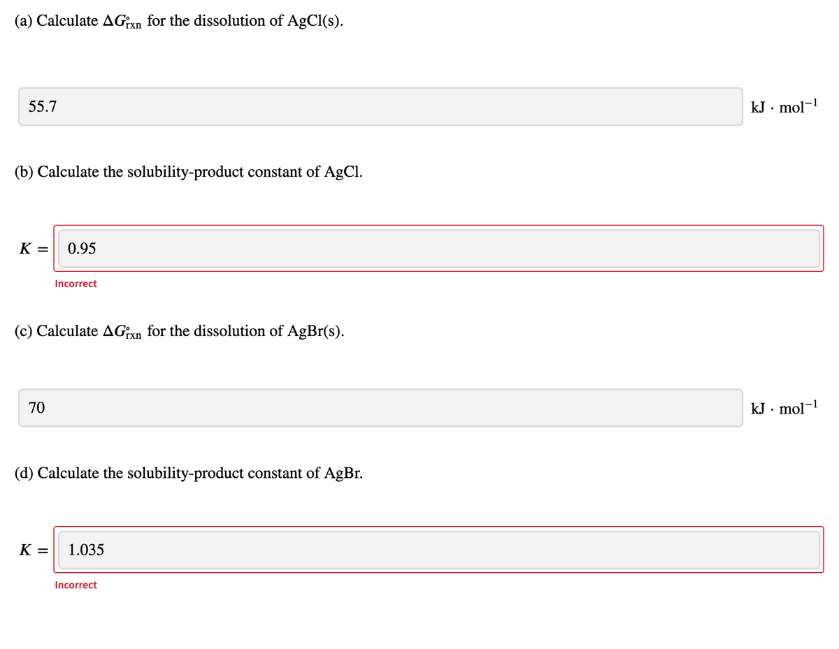 (a) Calculate AGixn for the dissolution of AgCl(s).
55.7
kJ · mol-1
(b) Calculate the solubility-product constant of AgCl.
K =
0.95
Incorrect
(c) Calculate AGixn for the dissolution of AgBr(s).
70
kJ • mol¬1
(d) Calculate the solubility-product constant of AgBr.
K =
1.035
Incorrect
