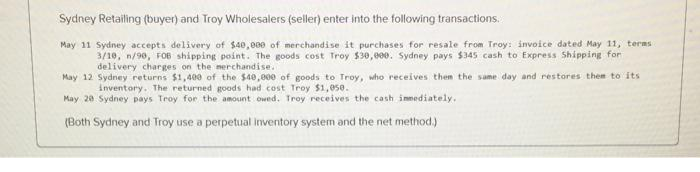 Sydney Retailing (buyer) and Troy Wholesalers (seller) enter into the following transactions.
May 11 Sydney accepts delivery of $40,000 of merchandise it purchases for resale from Troy: invoice dated May 11, terms
3/10, n/90, FOB shipping point. The goods cost Troy $30, e00. Sydney pays $345 cash to Express Shipping for
delivery charges on the merchandise.
May 12 Sydney returns $1,400 of the $40,000 of goods to Troy, who receives them the same day and restores them to its
Anventory. The returned goods had cost Troy $1,050.
May 20 Sydney pays Troy for the amount owed. Troy receives the cash immediately.
(Both Sydney and Troy use a perpetual inventory system and the net method.)
