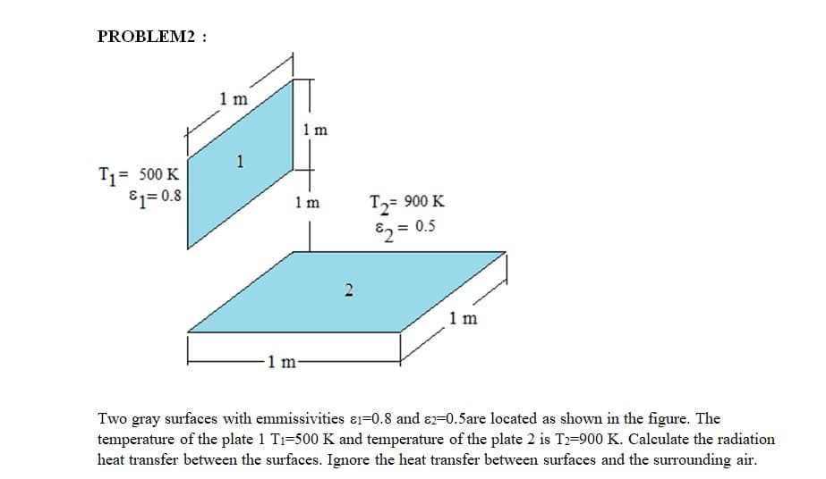 PROBLEM2 :
1 m
1 m
1
T1= 500 K
81= 0.8
1 m
T2= 900 K
82 = 0.5
2
1 m
-1 m-
Two gray surfaces with emmissivities 81=0.8 and 82=0.5are located as shown in the figure. The
temperature of the plate 1 Ti-500 K and temperature of the plate 2 is T2-900 K. Calculate the radiation
heat transfer between the surfaces. Ignore the heat transfer between surfaces and the surrounding air.
