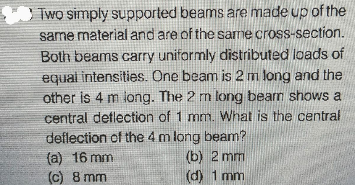 Two simply supported beams are made up of the
same material and are of the same cross-section.
Both beams carry uniformly distributed loads of
equal intensities. One beam is 2 m long and the
other is 4 m long. The 2 m long beam shows a
central deflection of 1 mm. What is the central
deflection of the 4 m long beam?
(a) 16 mm
(b) 2 mm
(c) 8 mm
(d) 1 mm