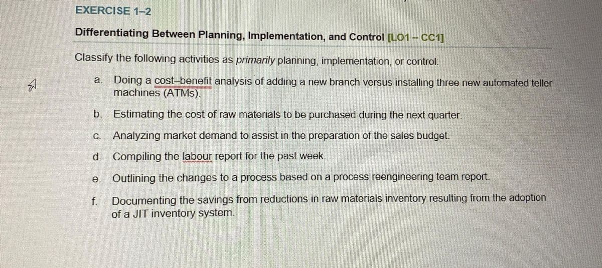 EA
EXERCISE 1-2
Differentiating Between Planning, Implementation, and Control [LO1-CC1]
Classify the following activities as primarily planning, implementation, or control:
a. Doing a cost-benefit analysis of adding a new branch versus installing three new automated teller
machines (ATMs).
b. Estimating the cost of raw materials to be purchased during the next quarter.
C. Analyzing market demand to assist in the preparation of the sales budget.
d. Compiling the labour report for the past week.
e. Outlining the changes to a process based on a process reengineering team report.
f.
Documenting the savings from reductions in raw materials inventory resulting from the adoption
of a JIT inventory system.