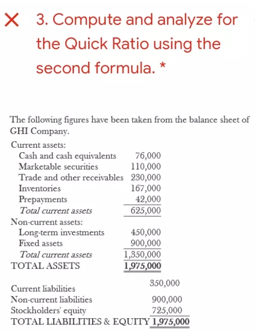 X 3. Compute and analyze for
the Quick Ratio using the
second formula. *
The following figures have been taken from the balance sheet of
GHI Company.
Current assets:
Cash and cash equivalents
Marketable securities
76,000
110,000
Trade and other receivables 230,000
167,000
42,000
625,000
Inventories
Prepayments
Total current assets
Non-current assets:
450,000
900,000
1,350,000
1,975,000
Long-term investments
Fixed assets
Total current assets
TOTAL ASSETS
350,000
Current liabilities
Non-current liabilities
900,000
725,000
TOTAL LIABILITIES & EQUITY 1,975,000
Stockholders' equity
