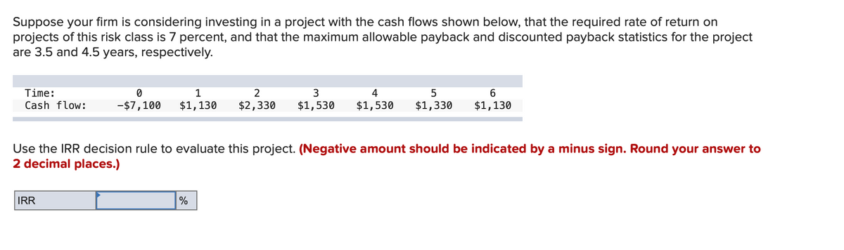 Suppose your firm is considering investing in a project with the cash flows shown below, that the required rate of return on
projects of this risk class is 7 percent, and that the maximum allowable payback and discounted payback statistics for the project
are 3.5 and 4.5 years, respectively.
Time:
Cash flow:
0
-$7,100
IRR
1
2
3
4
5
$1,130 $2,330 $1,530 $1,530 $1,330
Use the IRR decision rule to evaluate this project. (Negative amount should be indicated by a minus sign. Round your answer to
2 decimal places.)
6
$1,130
%