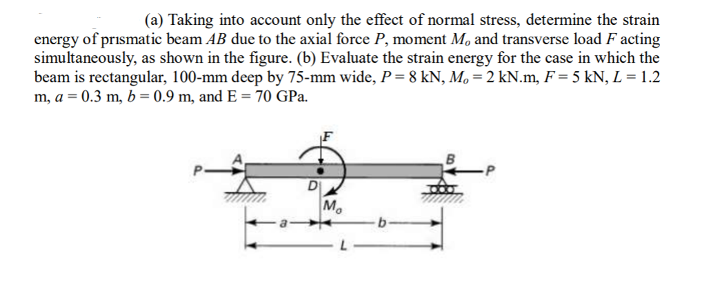 (a) Taking into account only the effect of normal stress, determine the strain
energy of prismatic beam AB due to the axial force P, moment M, and transverse load F acting
simultaneously, as shown in the figure. (b) Evaluate the strain energy for the case in which the
beam is rectangular, 100-mm deep by 75-mm wide, P= 8 kN, M,= 2 kN.m, F = 5 kN, L = 1.2
m, a = 0.3 m, b= 0.9 m, and E = 70 GPa.
Mo
