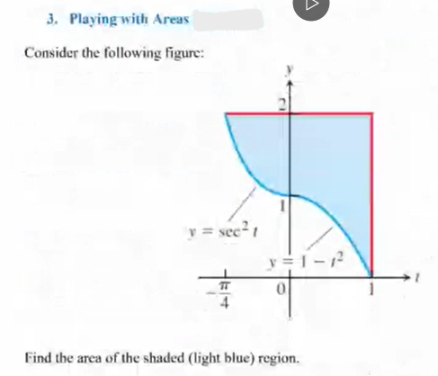 3. Playing with Areas
Consider the following figure:
A
y = sec² 1
0
Find the area of the shaded (light blue) region.