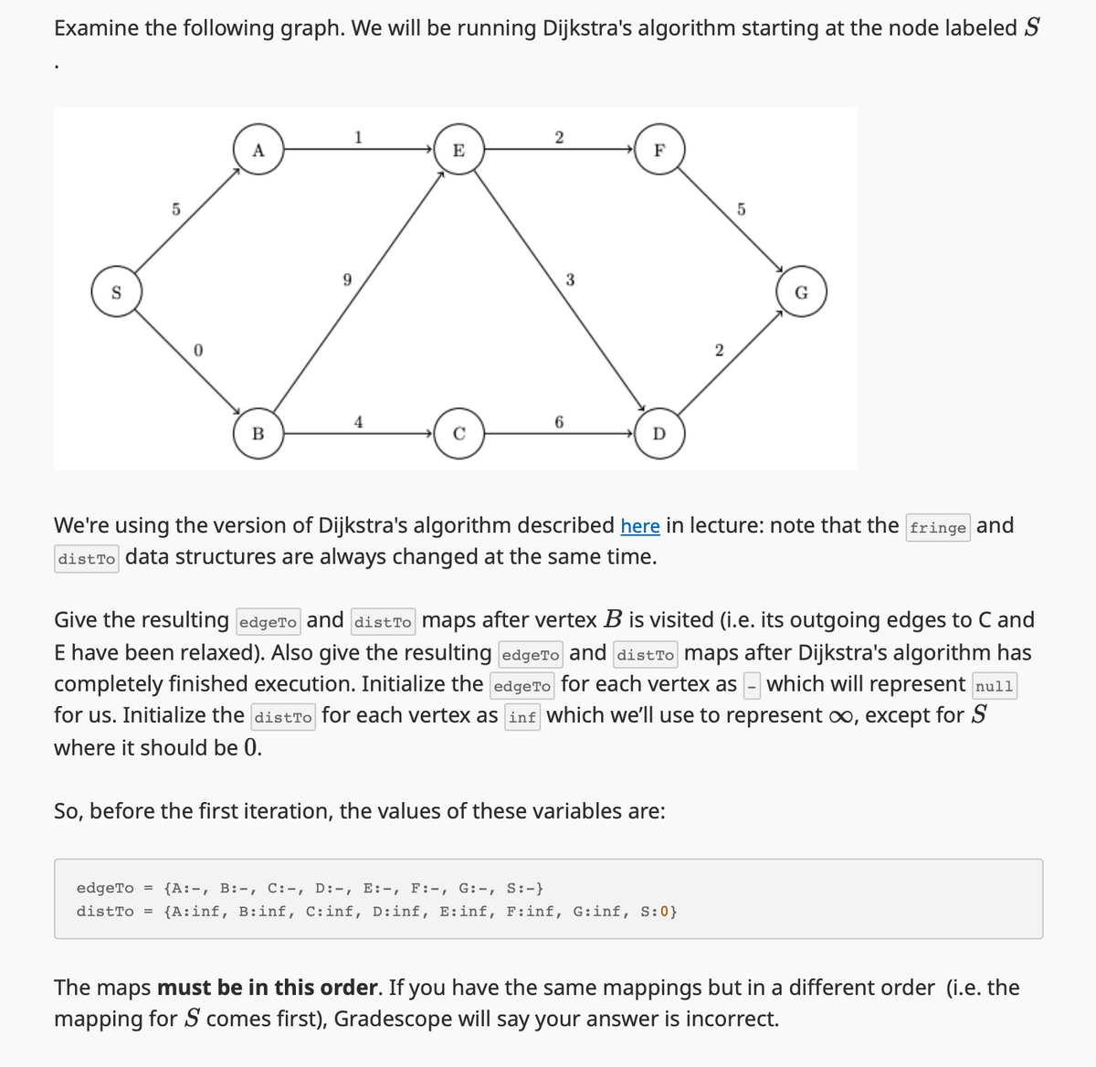 Examine the following graph. We will be running Dijkstra's algorithm starting at the node labeled S
S
5
1
2
A
E
F
9
3
4
6
B
D
5
We're using the version of Dijkstra's algorithm described here in lecture: note that the fringe and
dist To data structures are always changed at the same time.
Give the resulting edgeTo and distTo maps after vertex B is visited (i.e. its outgoing edges to C and
E have been relaxed). Also give the resulting edgeTo and distro maps after Dijkstra's algorithm has
completely finished execution. Initialize the edgeTo for each vertex as - which will represent null
for us. Initialize the distro for each vertex as inf which we'll use to represent ∞, except for S
where it should be 0.
So, before the first iteration, the values of these variables are:
edgeTo = {A, B, C:-, D:-, E:-, F:-, G:-, S:-}
distTo = {A: inf, B:inf, C:inf, D:inf, E:inf, F:inf, G:inf, S:0}
The maps must be in this order. If you have the same mappings but in a different order (i.e. the
mapping for S comes first), Gradescope will say your answer is incorrect.