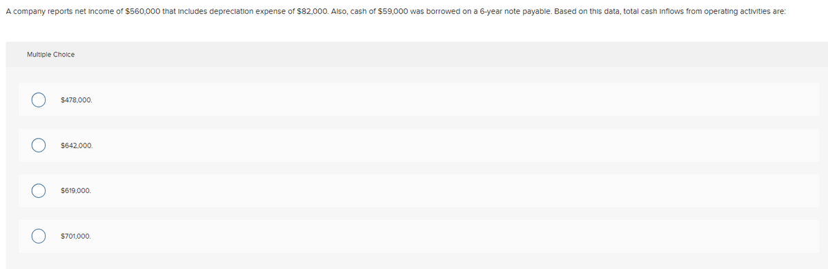 A company reports net income of $560,000 that Includes depreciation expense of $82,000. Also, cash of $59,000 was borrowed on a 6-year note payable. Based on this data, total cash inflows from operating activities are:
Multiple Cholce
$478,000.
$642,000.
$619,000.
$701,000.
