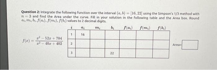 Question 2: Integrate the following function over the interval (a, b) = [16, 22] using the Simpson's 1/3 method with
n = 3 and find the Area under the curve. Fill in your solution in the following table and the Area box. Round
ai, m,, bi, f(a), f(mi), f(b) values to 2 decimal digits.
i
m₂
b₁
f(a) f(m₁) f(b)
1
f(x)
=
2²-52x+704
2²-402 +402
2
3
a
16
22
Areas