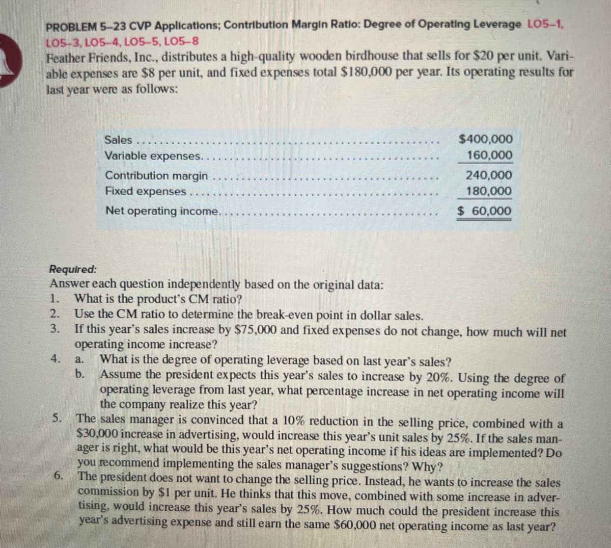 PROBLEM 5-23 CVP Applications; Contribution Margin Ratio: Degree of Operating Leverage LO5-1,
LO5-3, LO5-4, LO5-5, LO5-8
Feather Friends, Inc., distributes a high-quality wooden birdhouse that sells for $20 per unit. Vari-
able expenses are $8 per unit, and fixed expenses total $180,000 per year. Its operating results for
last year were as follows:
1.
2.
3.
4.
Required:
Answer each question independently based on the original data:
What is the product's CM ratio?
Use the CM ratio to determine the break-even point in dollar sales.
If this year's sales increase by $75,000 and fixed expenses do not change, how much will net
operating income increase?
5.
Sales
Variable expenses.
Contribution margin
Fixed expenses.
Net operating income.
6.
$400,000
160,000
240,000
180,000
$ 60,000
a. What is the degree of operating leverage based on last year's sales?
b.
Assume the president expects this year's sales to increase by 20%. Using the degree of
operating leverage from last year, what percentage increase in net operating income will
the company realize this year?
The sales manager is convinced that a 10% reduction in the selling price, combined with a
$30,000 increase in advertising, would increase this year's unit sales by 25%. If the sales man-
ager is right, what would be this year's net operating income if his ideas are implemented? Do
you recommend implementing the sales manager's suggestions? Why?
The president does not want to change the selling price. Instead, he wants to increase the sales
commission by $1 per unit. He thinks that this move, combined with some increase in adver-
tising, would increase this year's sales by 25%. How much could the president increase this
year's advertising expense and still earn the same $60,000 net operating income as last year?