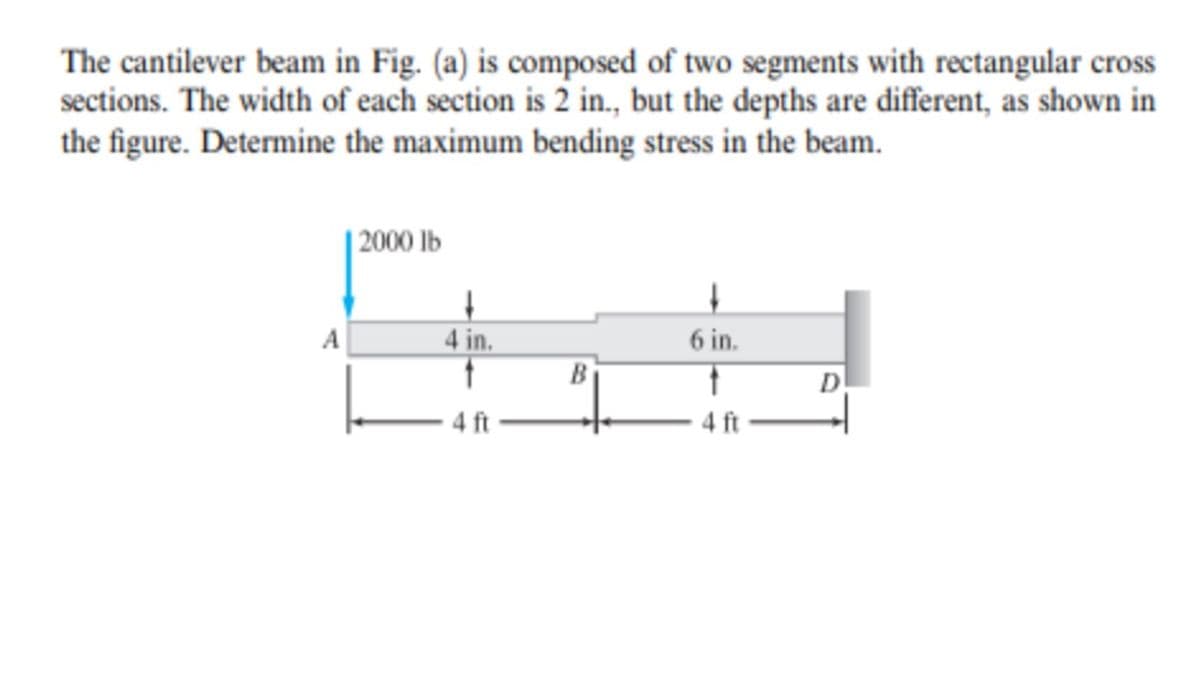 The cantilever beam in Fig. (a) is composed of two segments with rectangular cross
sections. The width of each section is 2 in., but the depths are different, as shown in
the figure. Determine the maximum bending stress in the beam.
| 2000 lb
+
4 in.
4 ft
B
6 in.
t
4 ft
D