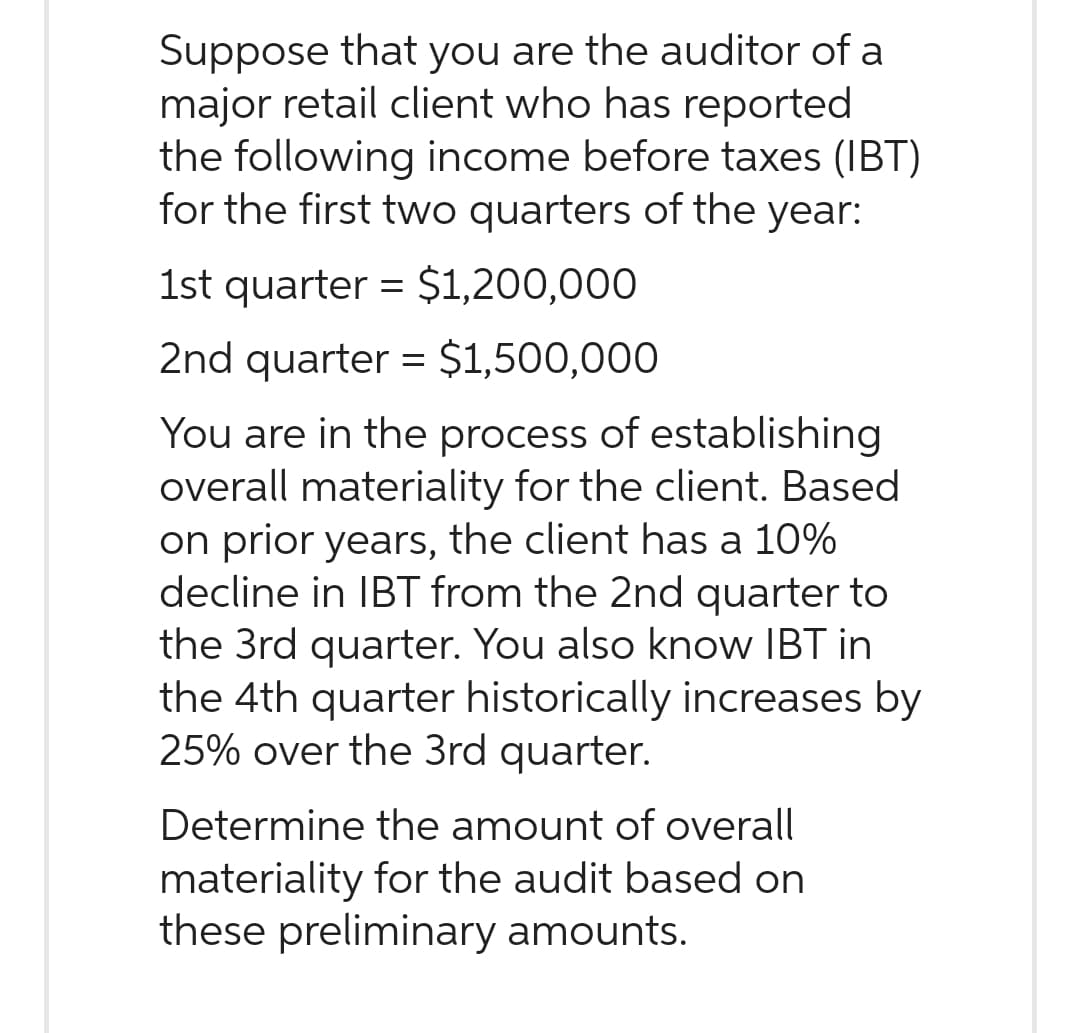 Suppose that you are the auditor of a
major retail client who has reported
the following income before taxes (IBT)
for the first two quarters of the year:
1st quarter = $1,200,000
2nd quarter = $1,500,000
You are in the process of establishing
overall materiality for the client. Based
on prior years, the client has a 10%
decline in IBT from the 2nd quarter to
the 3rd quarter. You also know IBT in
the 4th quarter historically increases by
25% over the 3rd quarter.
Determine the amount of overall
materiality for the audit based on
these preliminary amounts.
