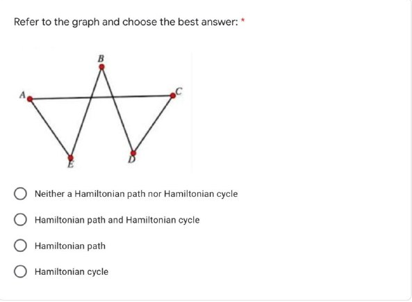 Refer to the graph and choose the best answer: *
Neither a Hamiltonian path nor Hamiltonian cycle
Hamiltonian path and Hamiltonian cycle
Hamiltonian path
Hamiltonian cycle
