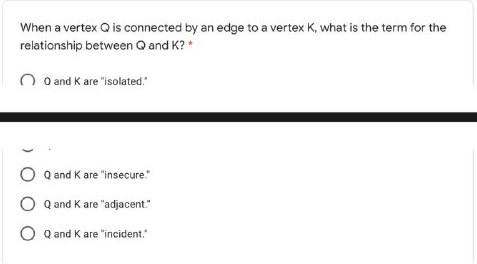 When a vertex Q is connected by an edge to a vertex K, what is the term for the
relationship between Q and K? *
and K are "isolated."
Q and K are "insecure."
O Q and K are "adjacent."
O Q and K are "incident."
