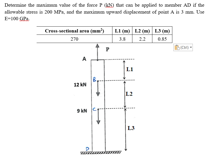 Determine the maximum value of the force P (kN) that can be applied to member AD if the
allowable stress is 200 MPa, and the maximum upward displacement of point A is 3 mm. Use
E=100 GPa.
Cross-sectional area (mm?)
L1 (m) L2 (m) L3 (m)
270
3.8
2.2
0.85
(Ctrl)
P
A
L1
B.
12 kN
L2
9 kN
L3
