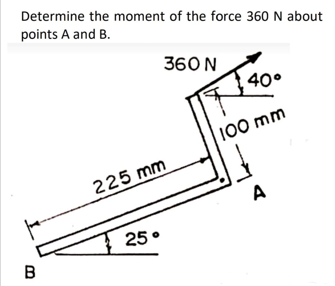 Determine the moment of the force 360 N about
points A and B.
360 N
40°
100 mm
225 mm
A
25 °
