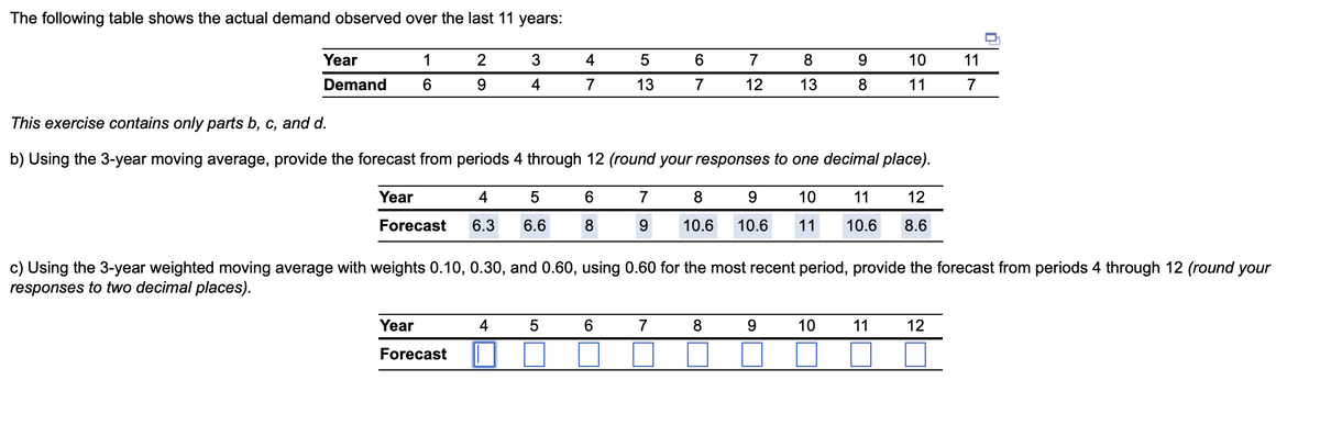The following table shows the actual demand observed over the last 11 years:
Year
Demand
1
6
Year
Forecast
2
9
Year
Forecast
3
4
4 5
6.3 6.6
4
4
7
This exercise contains only parts b, c, and d.
b) Using the 3-year moving average, provide the forecast from periods 4 through 12 (round your responses to one decimal place).
8
9
10
11
12
10.6 10.6 11 10.6 8.6
5
6
8
5
13
6
7
9
6
7
c) Using the 3-year weighted moving average with weights 0.10, 0.30, and 0.60, using 0.60 for the most recent period, provide the forecast from periods 4 through 12 (round your
responses to two decimal places).
7
7
8
12 13
8
9
8
9
10
10
11
11
11
7
12