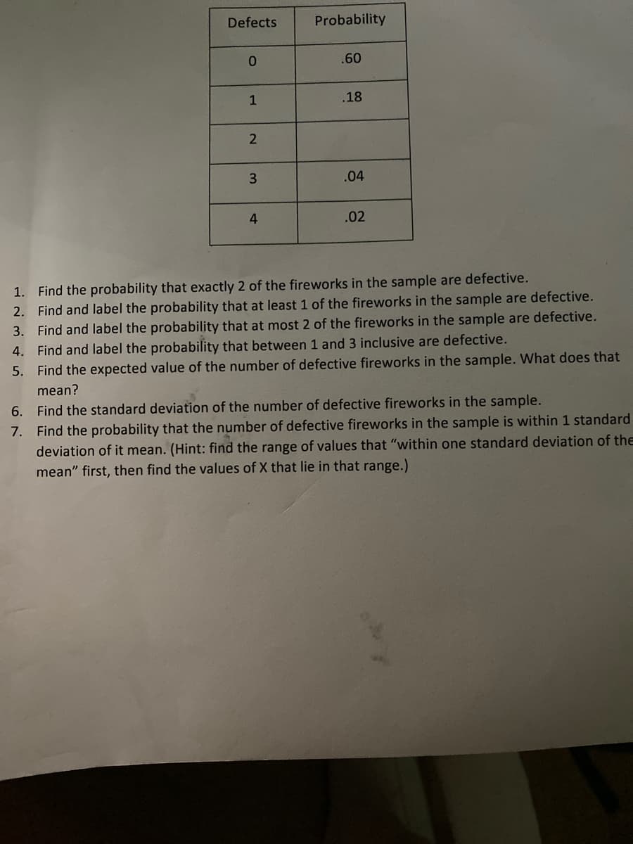 1. Find the probability that exactly 2 of the fireworks in the sample are der
2. Find and label the probability that at least 1 of the fireworks in the sample are defective.
Find and label the probability that at most 2 of the fireworks in the sample are defective.
