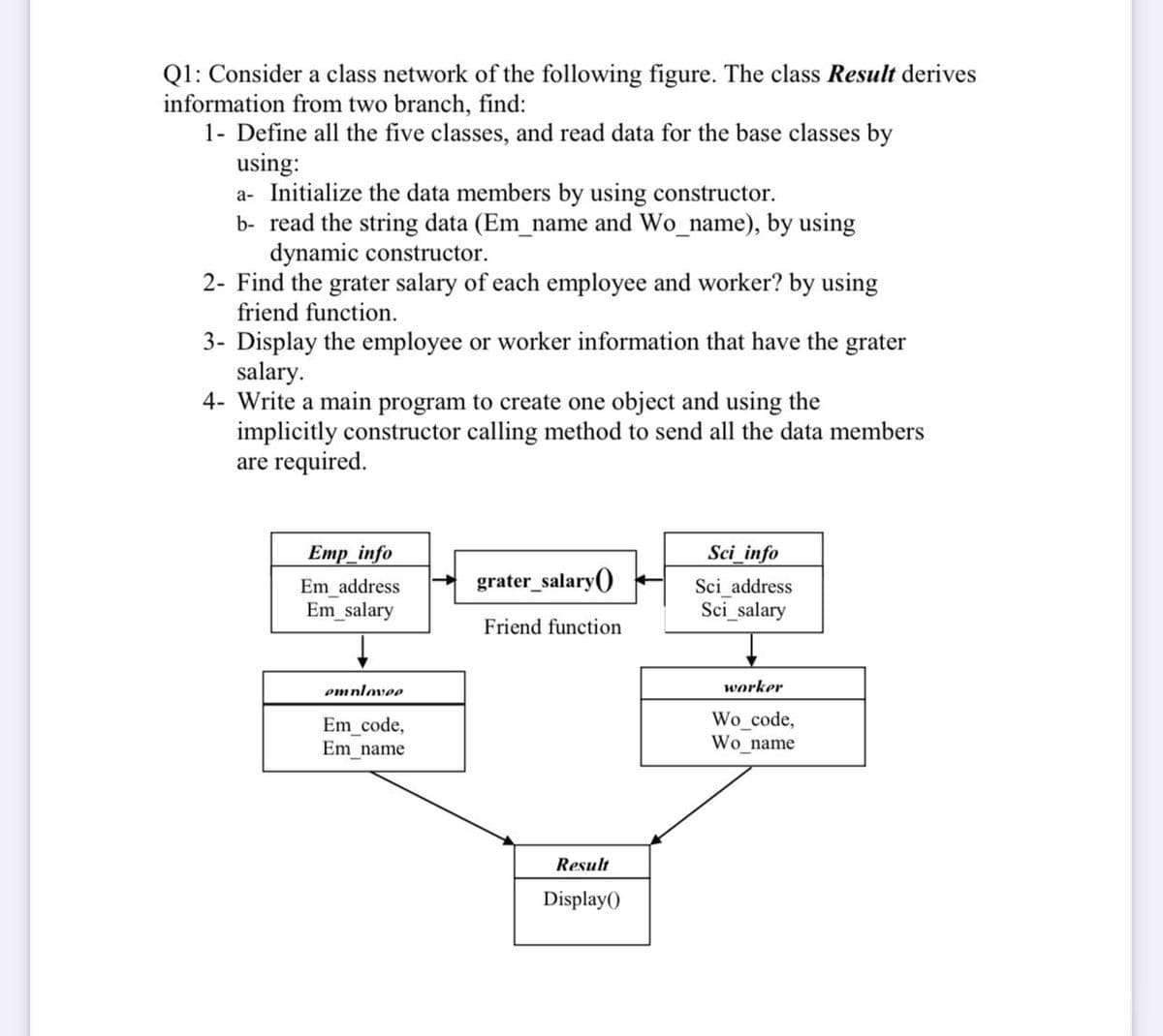 Q1: Consider a class network of the following figure. The class Result derives
information from two branch, find:
1- Define all the five classes, and read data for the base classes by
using:
a- Initialize the data members by using constructor.
b- read the string data (Em_name and Wo_name), by using
dynamic constructor.
2- Find the grater salary of each employee and worker? by using
friend function.
3- Display the employee or worker information that have the grater
salary.
4- Write a main program to create one object and using the
implicitly constructor calling method to send all the data members
are required.
Emp_info
Sci_info
grater_salary()
Em_address
Em_salary
Sci_address
Sci_salary
Friend function
omnlovee
worker
Em_code,
Em_name
Wo code,
Wo name
Result
Display()
