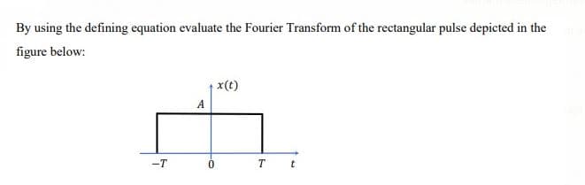 By using the defining equation evaluate the Fourier Transform of the rectangular pulse depicted in the
figure below:
x(t)
-T
T t
