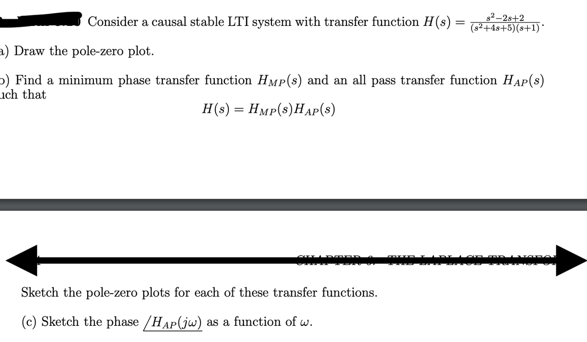 Consider a causal stable LTI system with transfer function H(s)
=
$2-2s+2
(s²+4s+5)(s+1)*
a) Draw the pole-zero plot.
o) Find a minimum phase transfer function HMP(s) and an all pass transfer function HAP(s)
uch that
H(s) = Hmp(s)HAP(S)
Sketch the pole-zero plots for each of these transfer functions.
(c) Sketch the phase /HAP(jw) as a function of w.
