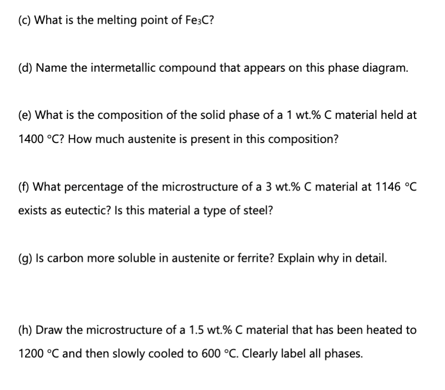 (c) What is the melting point of Fe³C?
(d) Name the intermetallic compound that appears on this phase diagram.
(e) What is the composition of the solid phase of a 1 wt.% C material held at
1400 °C? How much austenite is present in this composition?
(f) What percentage of the microstructure of a 3 wt.% C material at 1146 °C
exists as eutectic? Is this material a type of steel?
(g) Is carbon more soluble in austenite or ferrite? Explain why in detail.
(h) Draw the microstructure of a 1.5 wt.% C material that has been heated to
1200 °C and then slowly cooled to 600 °C. Clearly label all phases.