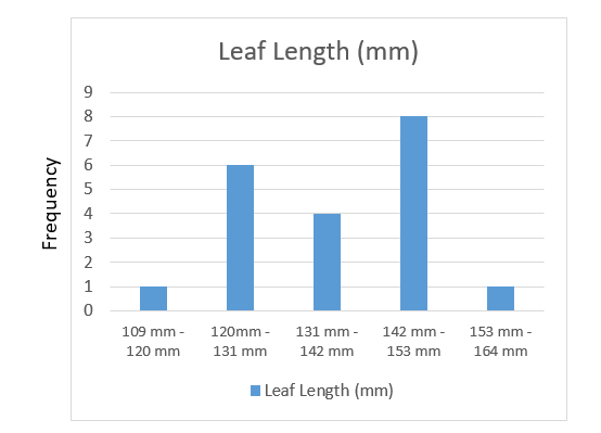 Leaf Length (mm)
8
7
6.
5
4
3
2
1
109 mm -
120mm -
131 mm -
142 mm -
153 mm -
120 mm
131 mm
142 mm
153 mm
164 mm
I Leaf Length (mm)
Frequency
