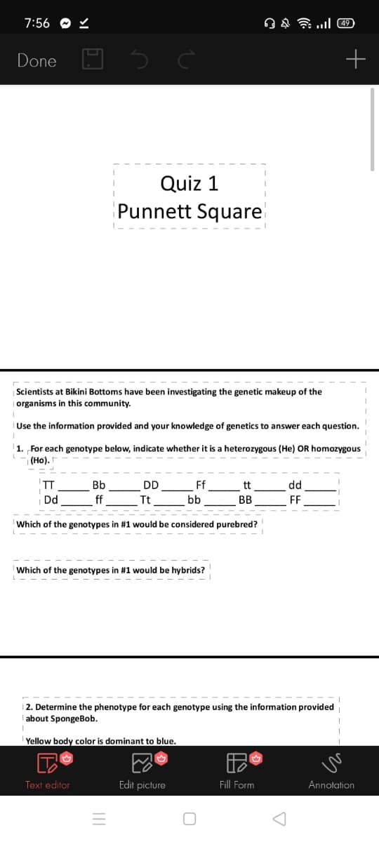 7:56 O 2
Done
+
Quiz 1
Punnett Square
Scientists at Bikini Bottoms have been investigating the genetic makeup of the
organisms in this community.
| Use the information provided and your knowledge of genetics to answer each question.
1. For each genotype below, indicate whether it is a heterozygous (He) OR homozygous
(Но).
TT
Bb
DD
Ff
tt
dd
Dd
ff
Tt
bb
BB
FF
Which of the genotypes in #1 would be considered purebred?
Which of the genotypes in #1 would be hybrids?
| 2. Determine the phenotype for each genotype using the information provided
about SpongeBob.
Yellow body color is dominant to blue.
Text editor
Edit picture
Fill Form
Annotation
