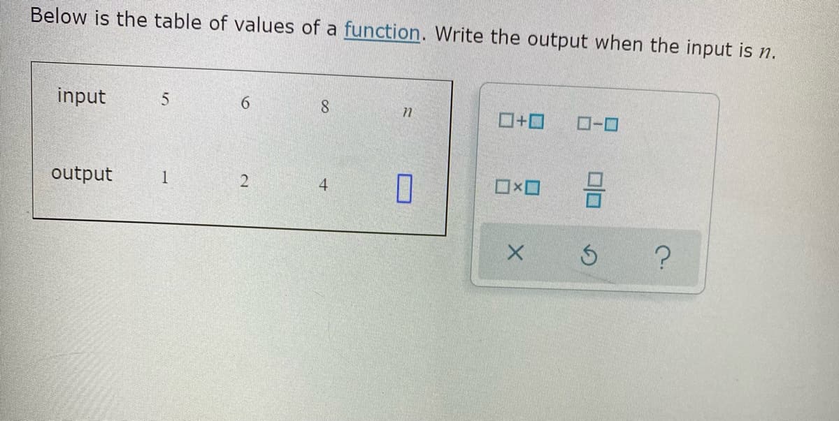 Below is the table of values of a function. Write the output when the input is n.
input
6
8.
output
1
