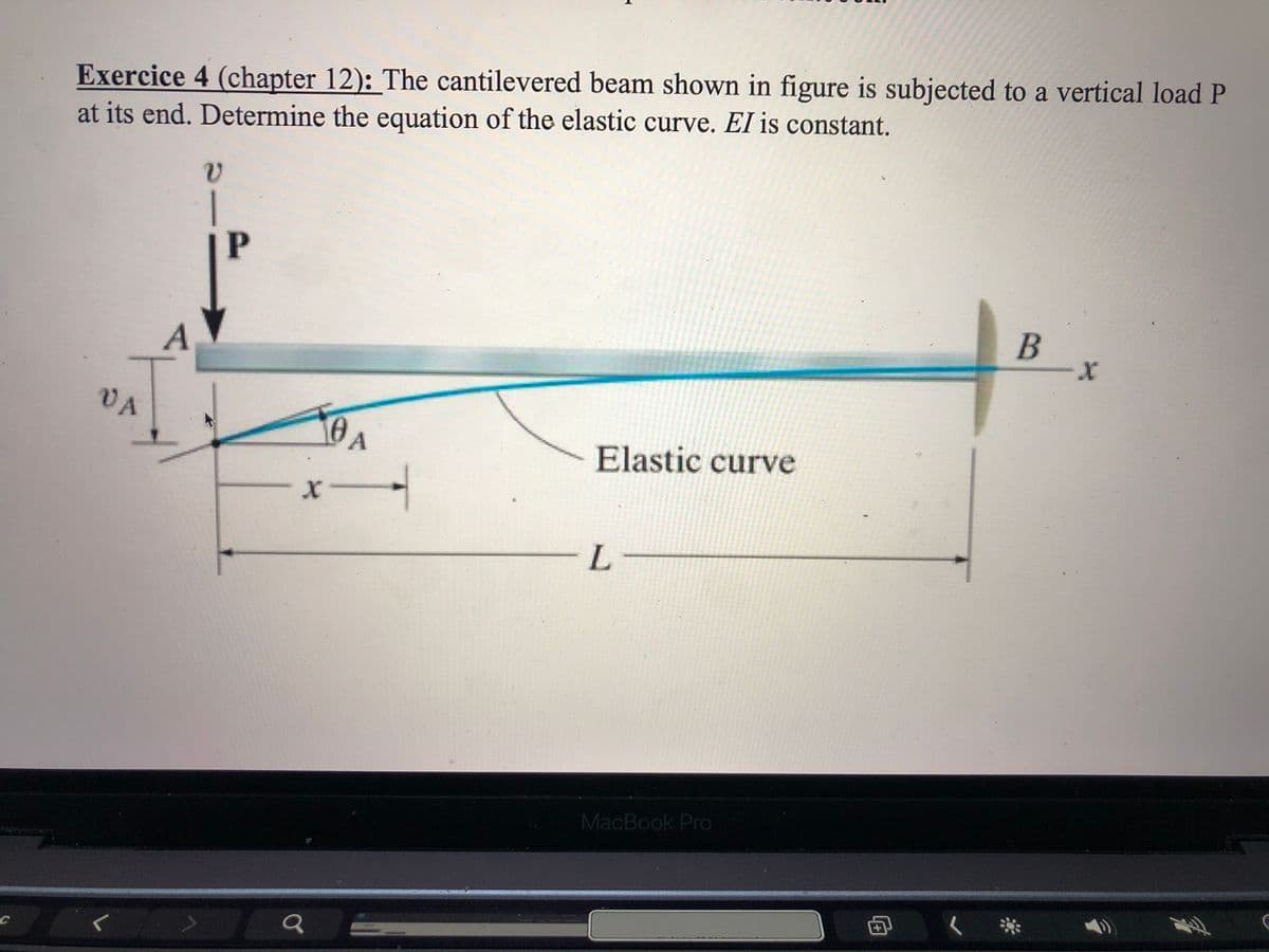 Exercice 4 (chapter 12): The cantilevered beam shown in figure is subjected to a vertical load P
at its end. Determine the equation of the elastic curve. EI is constant.
VA
A
Elastic curve
X-
- -
L-
MacBook Pro
P'
