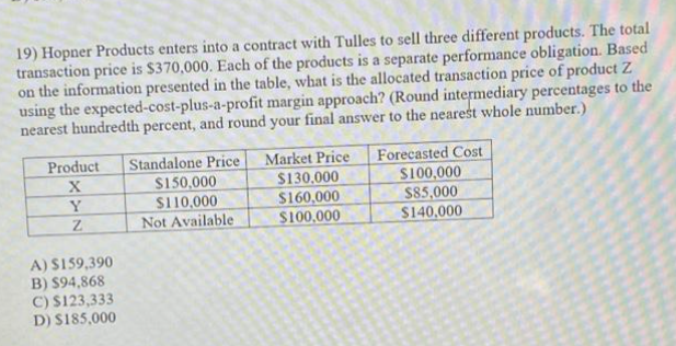 19) Hopner Products enters into a contract with Tulles to sell three different products. The total
transaction price is $370,000. Each of the products is a separate performance obligation. Based
on the information presented in the table, what is the allocated transaction price of product Z
using the expected-cost-plus-a-profit margin approach? (Round intermediary percentages to the
nearest hundredth percent, and round your final answer to the nearest whole number.)
Product
X
Y
Z
A) $159,390
B) $94,868
C) $123,333
D) $185,000
Standalone Price
$150,000
$110,000
Not Available
Market Price Forecasted Cost
$130,000
$100,000
$160,000
$85,000
$100,000
$140,000