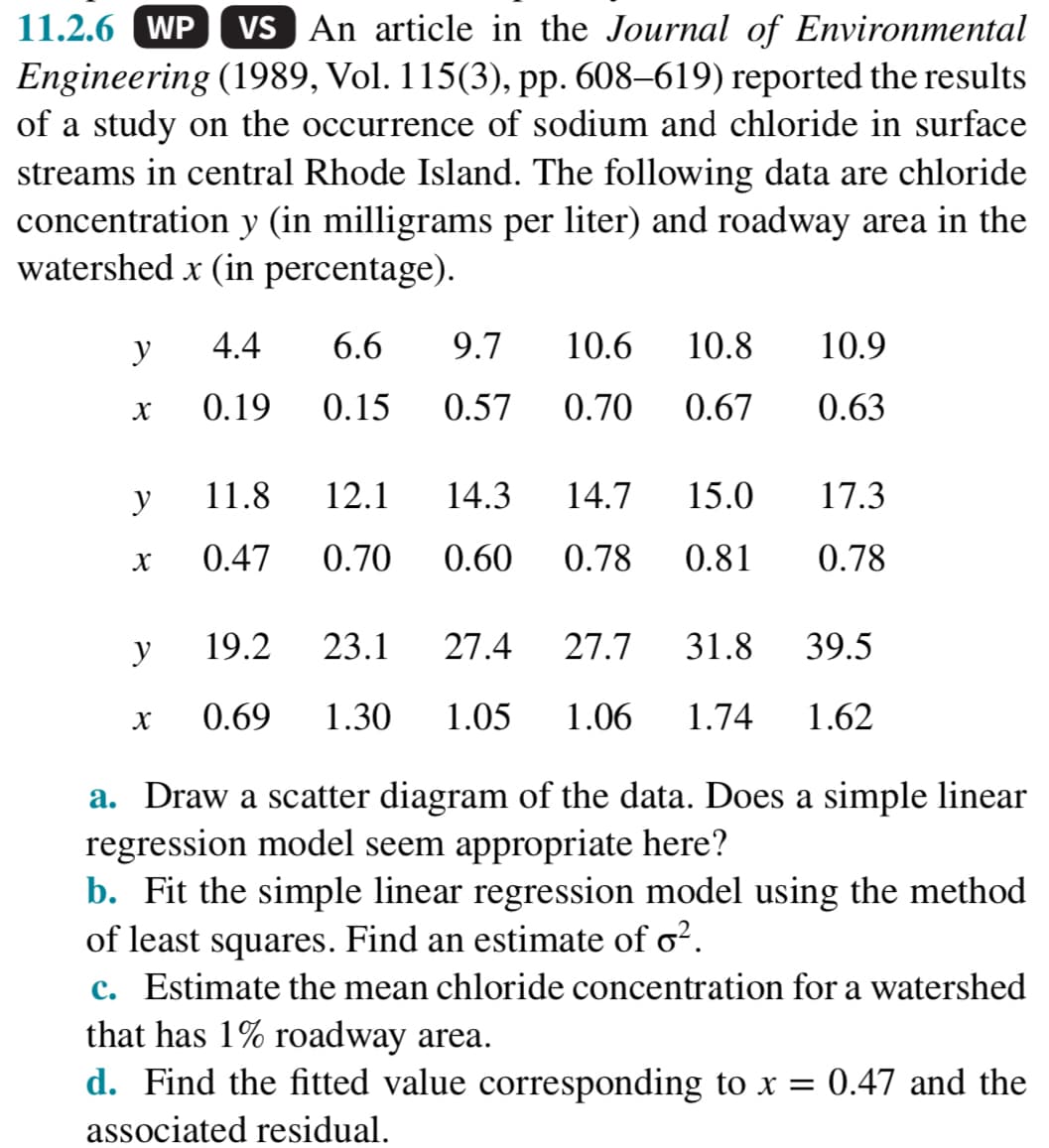 11.2.6 WP VS An article in the Journal of Environmental
Engineering (1989, Vol. 115(3), pp. 608–619) reported the results
of a study on the occurrence of sodium and chloride in surface
streams in central Rhode Island. The following data are chloride
concentration y (in milligrams per liter) and roadway area in the
watershed x (in percentage).
y
X
y
X
y
X
4.4
6.6
0.19 0.15 0.57 0.70
9.7 10.6 10.8
0.67
11.8 12.1
0.47 0.70
14.3 14.7
0.60 0.78
15.0
0.81
19.2
23.1
27.4 27.7 31.8
0.69 1.30 1.05 1.06 1.74
10.9
0.63
17.3
0.78
39.5
1.62
a. Draw a scatter diagram of the data. Does a simple linear
regression model seem appropriate here?
b. Fit the simple linear regression model using the method
of least squares. Find an estimate of o².
c. Estimate the mean chloride concentration for a watershed
that has 1% roadway area.
d. Find the fitted value corresponding to x = 0.47 and the
associated residual.