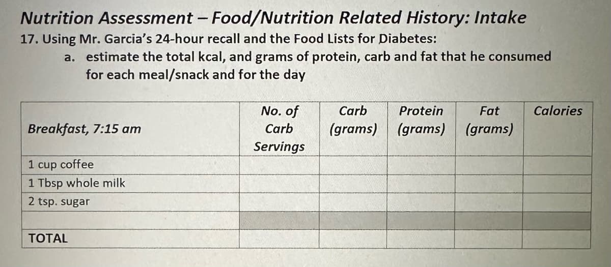 Nutrition Assessment - Food/Nutrition Related History: Intake
17. Using Mr. Garcia's 24-hour recall and the Food Lists for Diabetes:
a. estimate the total kcal, and grams of protein, carb and fat that he consumed
for each meal/snack and for the day
Breakfast, 7:15 am
1 cup coffee
1 Tbsp whole milk
2 tsp. sugar
TOTAL
No. of
Carb
Protein
Fat
Calories
Carb
(grams) (grams) (grams)
Servings