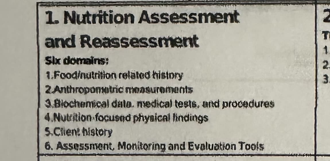 1. Nutrition Assessment
and
Six domains:
1.Food/nutrition
related history
2 Anthropometric measurements
3.Blochemical data. medical tests, and procedures
4.Nutrition focused physical findings
5.Client history
6. Assessment, Monitoring and Evaluation Tools
Reassessment
T
1.
2.
3.