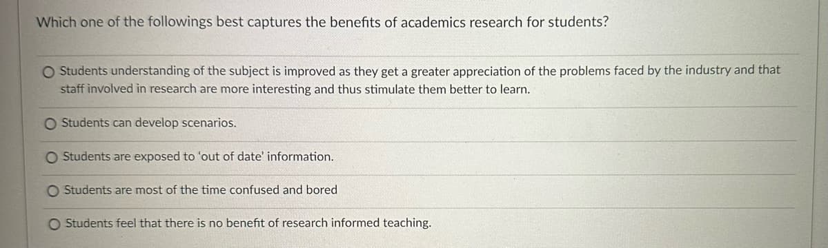 Which one of the followings best captures the benefits of academics research for students?
O Students understanding of the subject is improved as they get a greater appreciation of the problems faced by the industry and that
staff involved in research are more interesting and thus stimulate them better to learn.
O Students can develop scenarios.
O Students are exposed to 'out of date' information.
O Students are most of the time confused and bored
O Students feel that there is no benefit of research informed teaching.