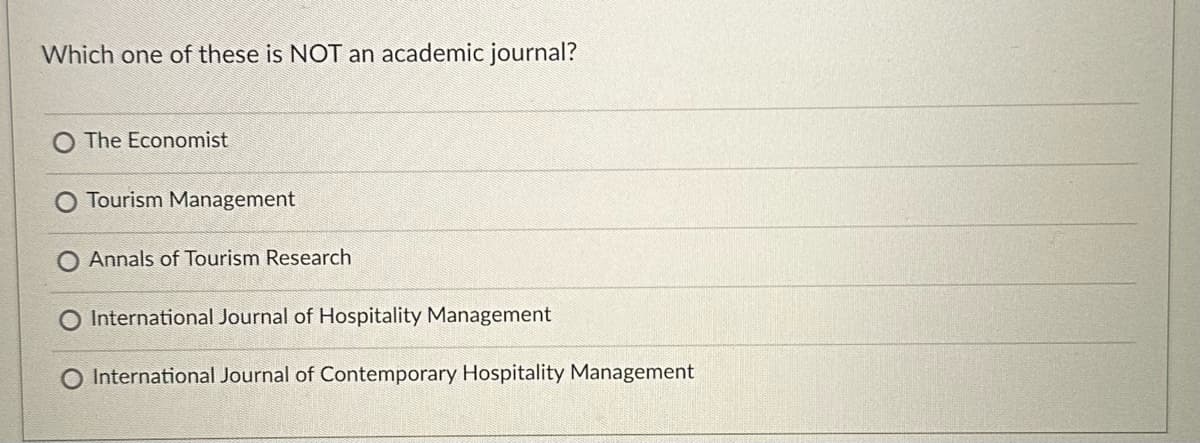Which one of these is NOT an academic journal?
The Economist
O Tourism Management
O Annals of Tourism Research
International Journal of Hospitality Management
O International Journal of Contemporary Hospitality Management
